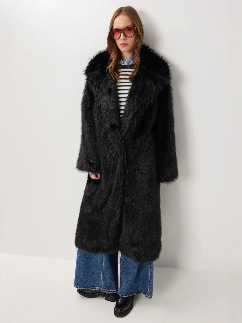 Happiness İstanbul ISTANBUL Textured Oversized Long Faux Fur Jacket